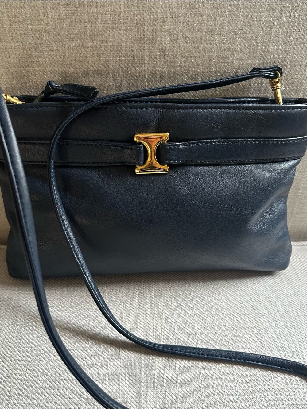 Amanda Smith Navy Blue Minimalist Leather Crossbody with Gold Hardware